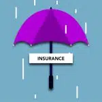 Decorative cardboard illustration of signboard with Insurance title under umbrella in rain on blue background