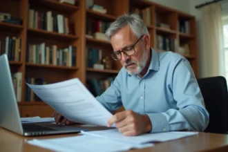 Homme consultant des documents administratifs liés aux allocations chômage à l'étranger en 2026