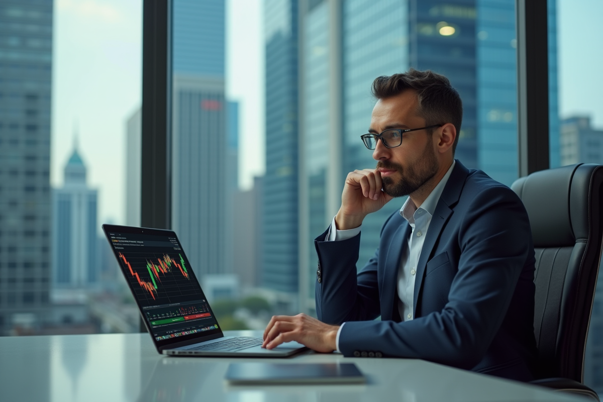 Homme d'affaires analysant des graphiques crypto au bureau