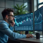 Homme concentré analysant des graphiques financiers sur deux écrans