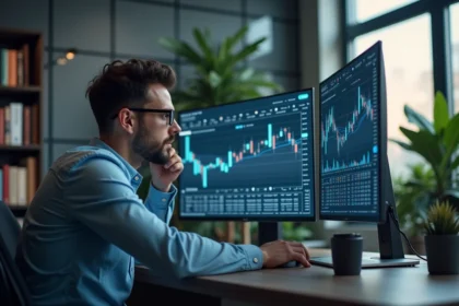 Homme concentré analysant des graphiques financiers sur deux écrans