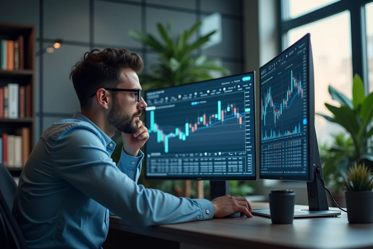 Homme concentré analysant des graphiques financiers sur deux écrans