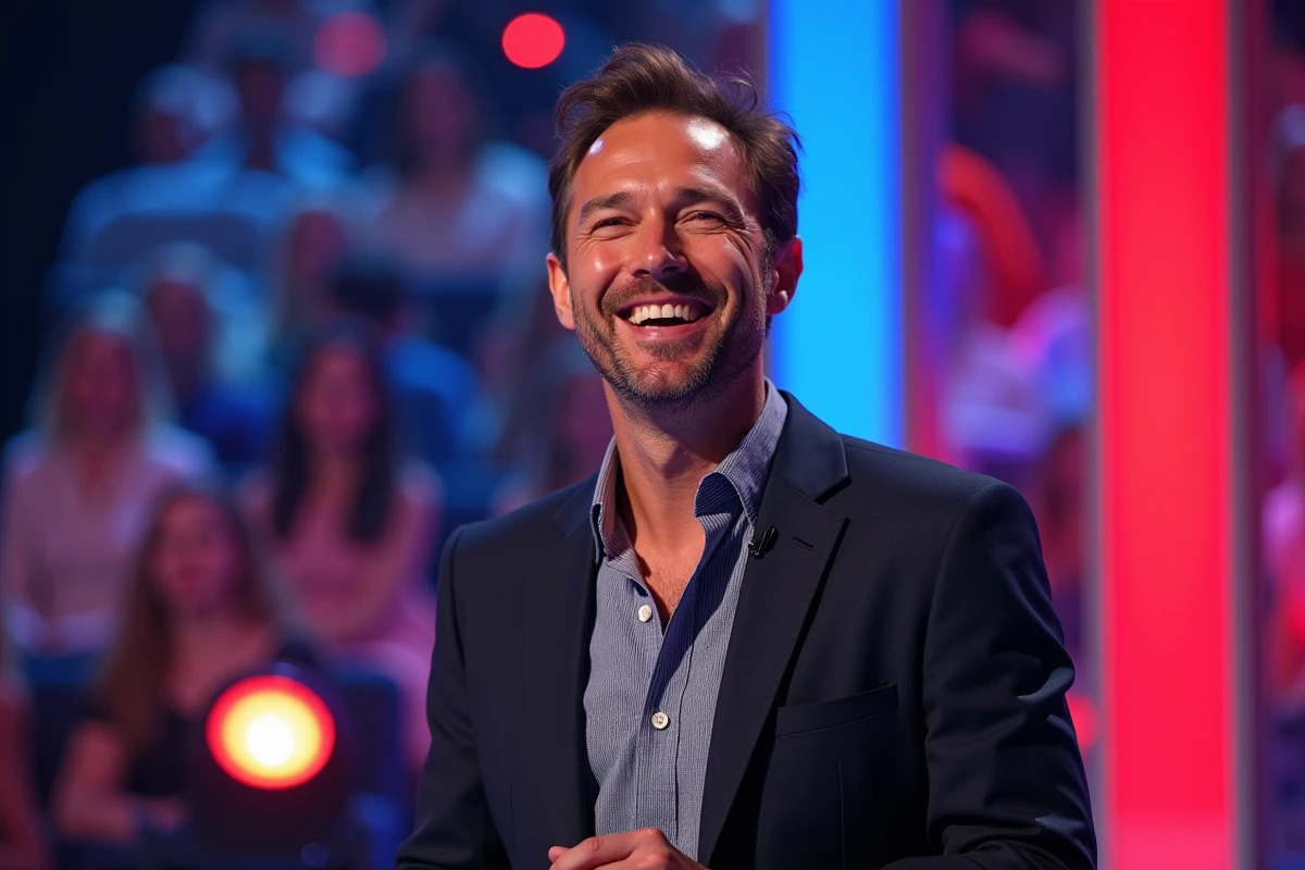 Animateur de jeu télévisé français souriant sur un plateau coloré