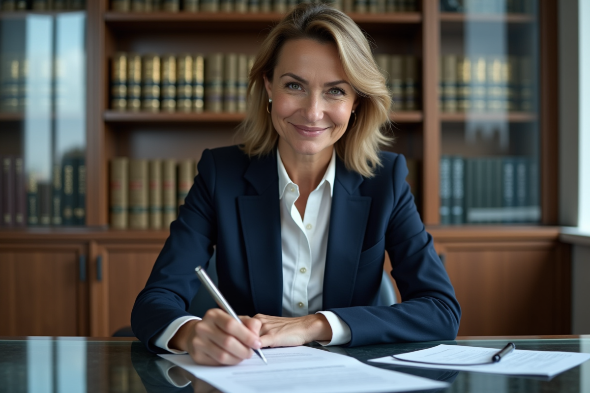 Femme professionnelle signant un document juridique dans un bureau moderne