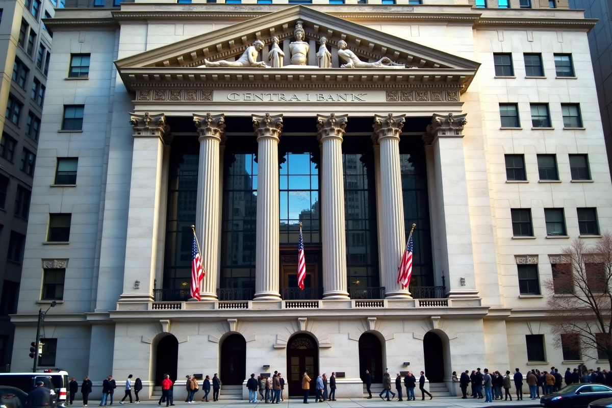Extérieur d une grande banque centrale avec drapeaux américains