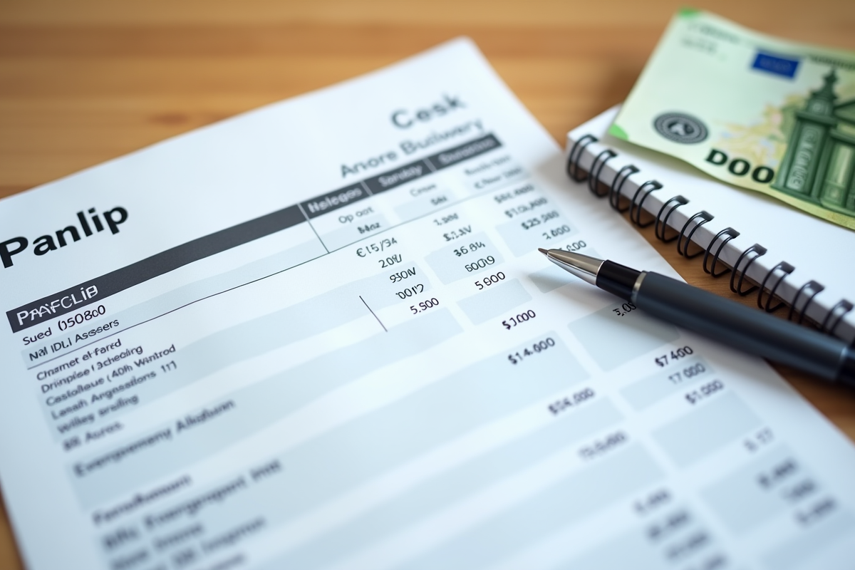 Détail de fiche de paie avec billets euros et stylo sur bureau clair