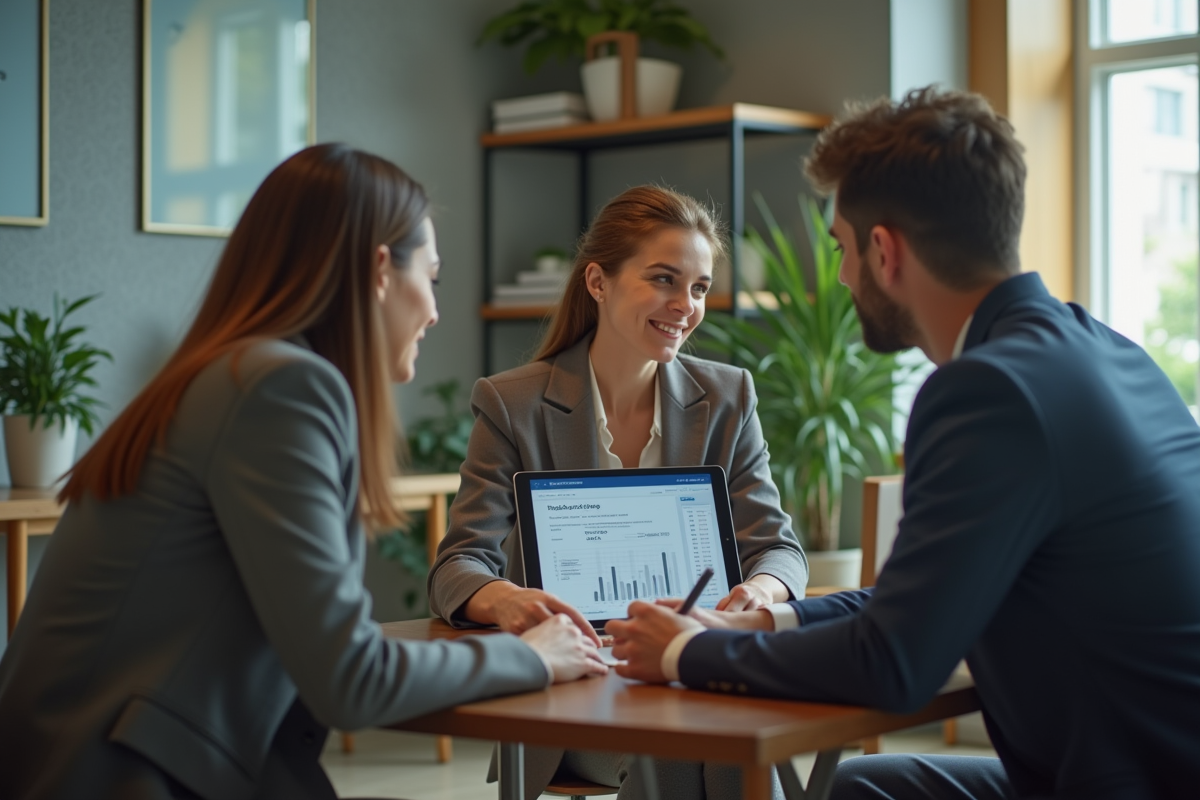 Conseillère financière montrant un plan sur une tablette à un jeune couple
