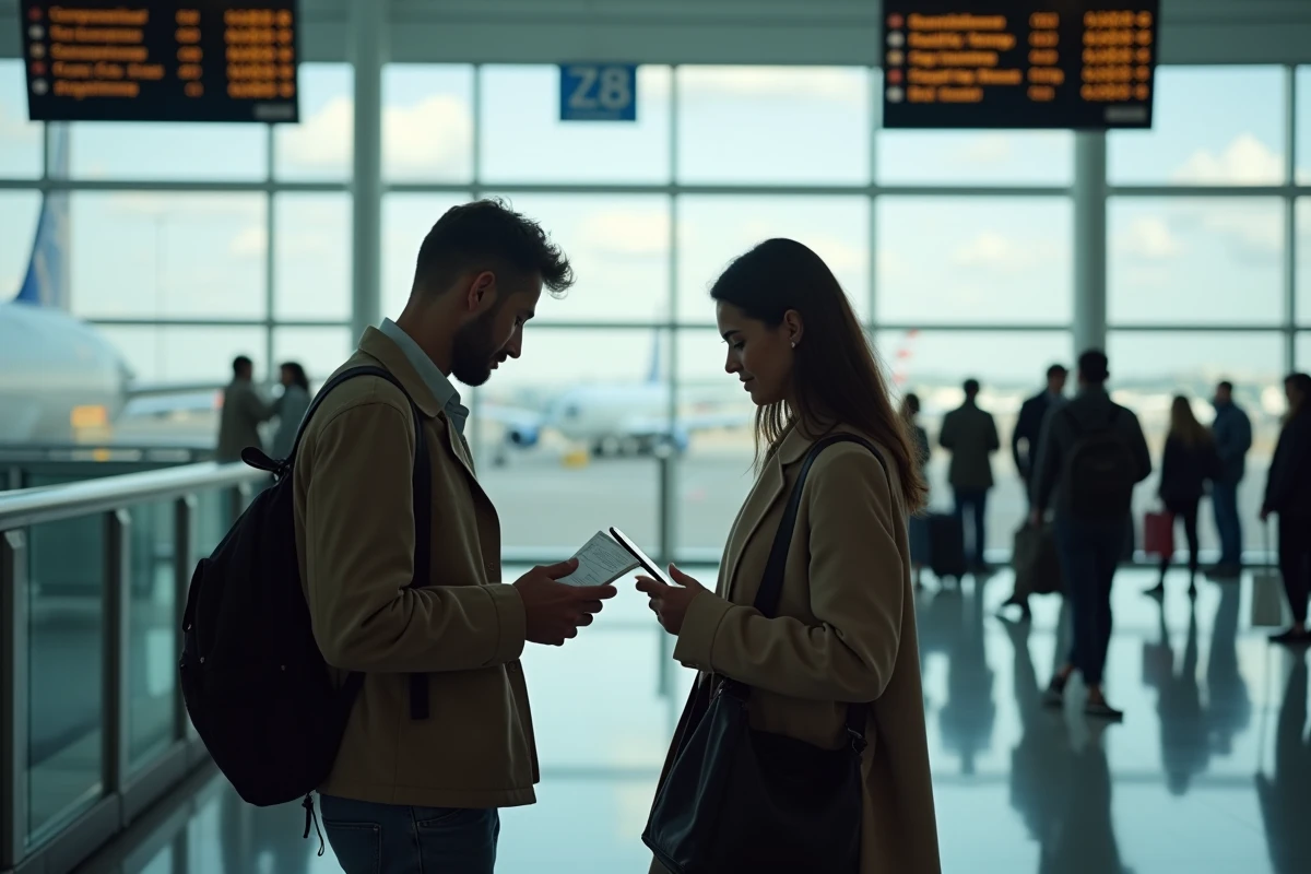Couple à l'aéroport vérifiant leurs démarches administratives avant un départ à l'étranger et le maintien de leurs allocations chômage