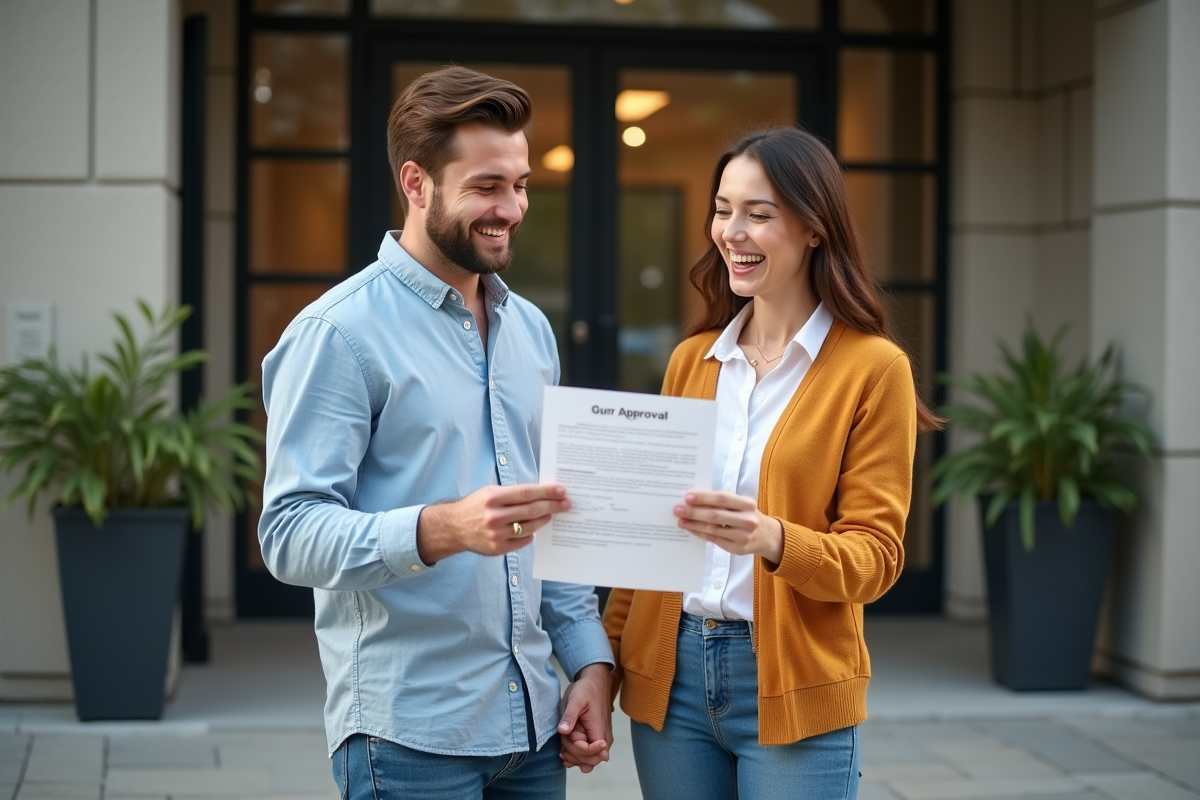 Jeune couple heureux devant une banque avec une lettre d