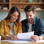 Couple en cuisine moderne examinant des documents de prêt immobilier