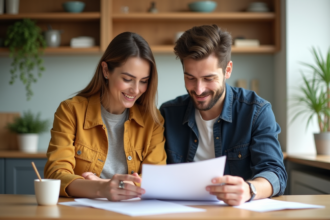 Couple en cuisine moderne examinant des documents de prêt immobilier