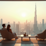 Jeune couple relaxant sur balcon d'un appartement luxe à Dubai