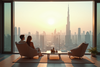 Jeune couple relaxant sur balcon d'un appartement luxe à Dubai