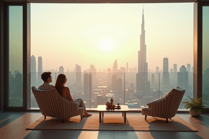 Jeune couple relaxant sur balcon d'un appartement luxe à Dubai
