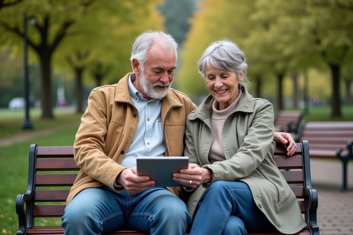 Couple mature discutant sur un banc dans un parc