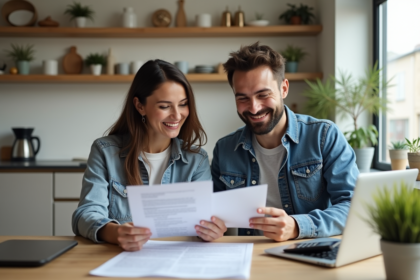 Couple souriant discutant de documents de prêt immobilier