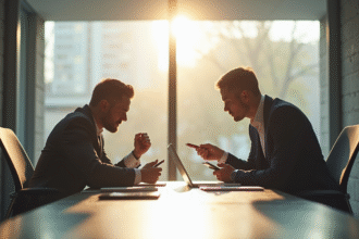 Deux professionnels en compétition dans un bureau lumineux