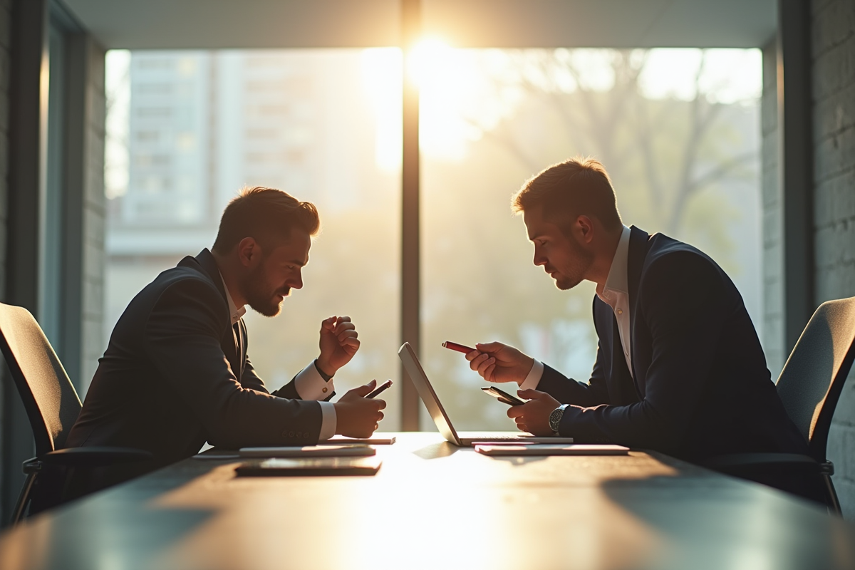 Deux professionnels en compétition dans un bureau lumineux
