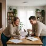 Femme et homme discutant documents dans une cuisine moderne