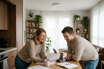 Femme et homme discutant documents dans une cuisine moderne