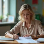 Professeure au bureau scolaire examine une fiche de paie