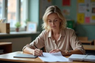 Professeure au bureau scolaire examine une fiche de paie