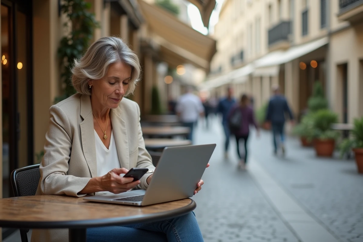 Femme expatriée vérifiant ses droits aux allocations Pôle emploi depuis l'étranger sur son ordinateur portable