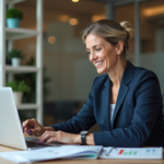 Femme d'affaires en bureau moderne regardant des graphiques