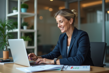Femme d'affaires en bureau moderne regardant des graphiques