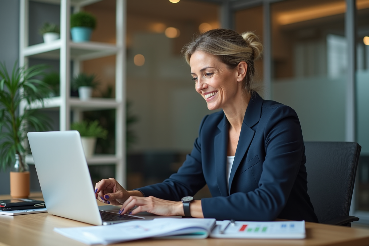 Femme d'affaires en bureau moderne regardant des graphiques