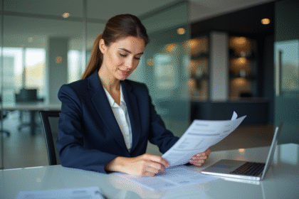 Femme d'affaires en costume dans un bureau moderne