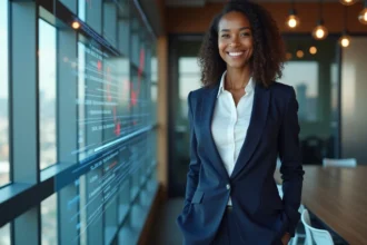 Jeune femme africaine confiante en bureau moderne