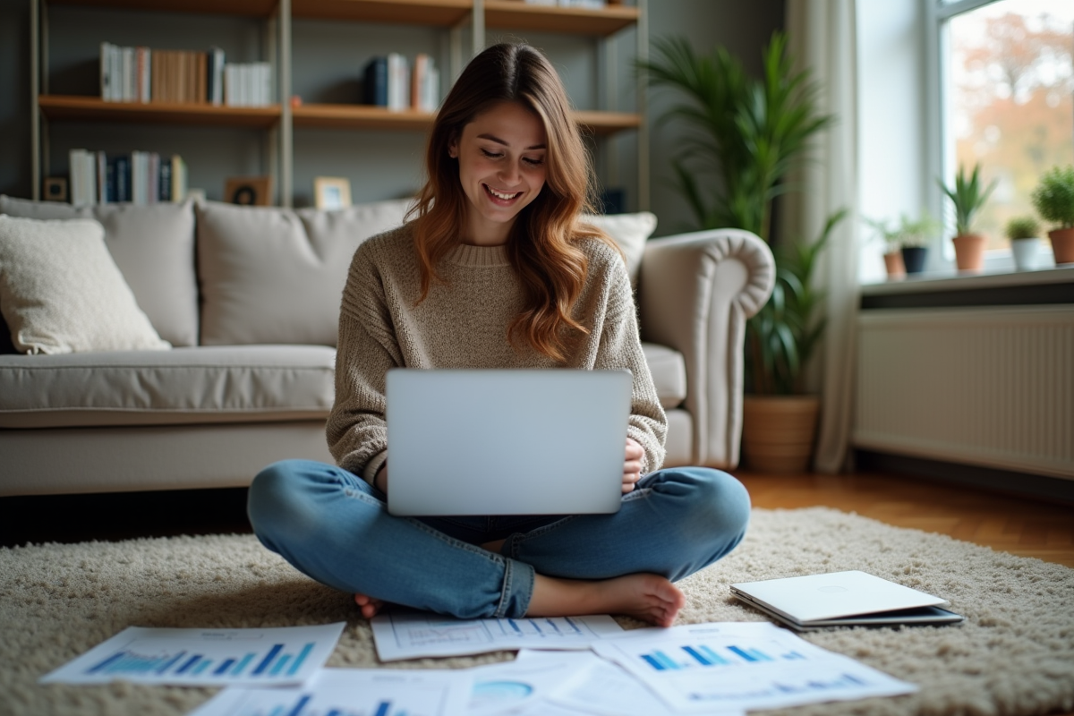 Jeune femme analysant des graphiques financiers chez elle