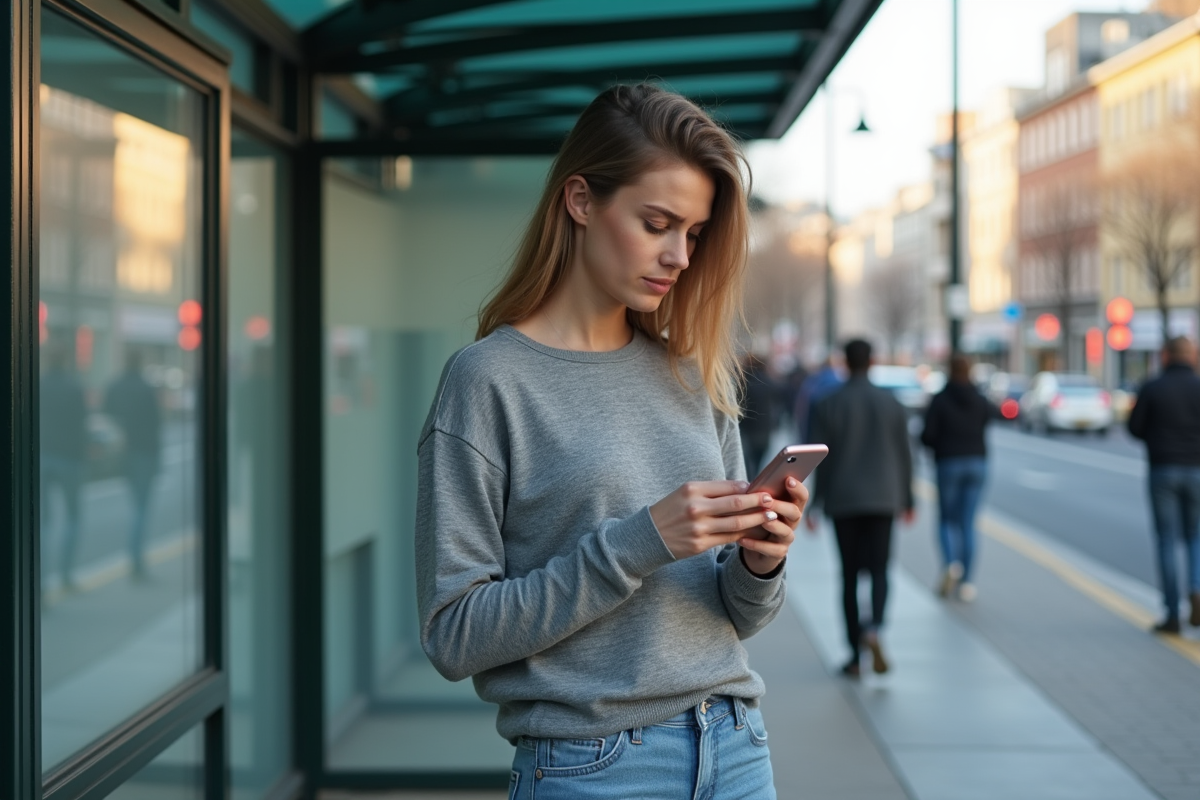 Jeune femme au bus regardant son smartphone