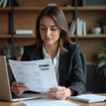 Femme d'affaires au bureau à domicile avec relevé bancaire