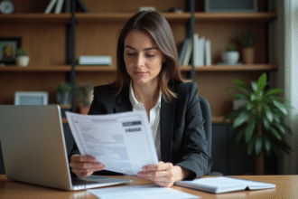 Femme d'affaires au bureau à domicile avec relevé bancaire