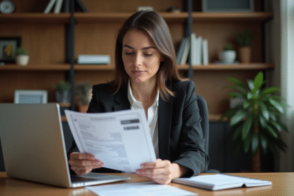 Femme d'affaires au bureau à domicile avec relevé bancaire