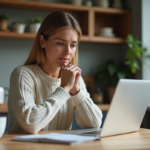 Femme d'affaires vérifiant ses détails bancaires sur un laptop à la maison