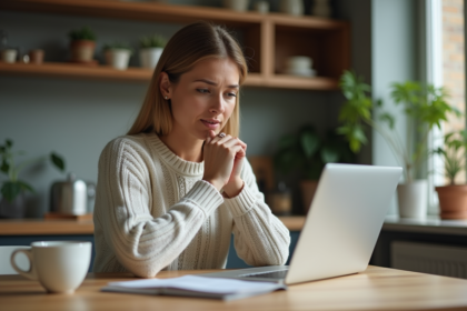 Femme d'affaires vérifiant ses détails bancaires sur un laptop à la maison