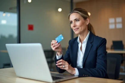 Femme d'âge moyen avec carte bancaire Banque Postale au bureau