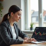 Femme d affaires regardant des graphiques boursiers sur son ordinateur