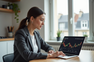 Femme d affaires regardant des graphiques boursiers sur son ordinateur