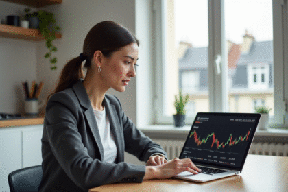 Femme d affaires regardant des graphiques boursiers sur son ordinateur
