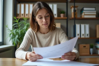 Femme concentrée en bureau pour article comptabilite