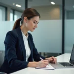 Femme professionnelle au bureau vérifiant une facture digitale