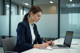 Femme professionnelle au bureau vérifiant une facture digitale