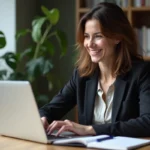 Femme d'âge moyen travaillant sur son ordinateur dans un appartement