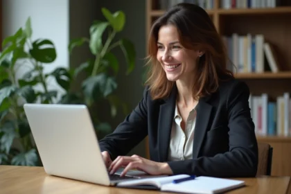 Femme d'&acirc;ge moyen travaillant sur son ordinateur dans un appartement