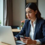 Femme en bureau à Paris vérifiant la bourse de New York