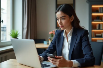 Femme en bureau à Paris vérifiant la bourse de New York